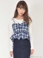 チェックリボンビスチェ付TOPS/ブラック