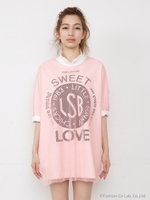 high neck mesh rayered dress/PINK×WHITE