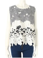 ストライプフラワーレーストップス/ネイビー