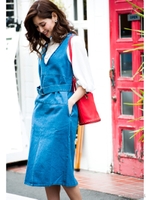 ウエストベルトデニムワンピース/ブルー