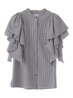 【WEB限定】袖フリルブラウス/ブラック×オフホワイト