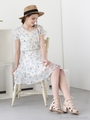 花柄シフォン袖フリルシャツブラウストップス/イエロー