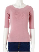 ラウンドネック七分袖ニット/ベージュ