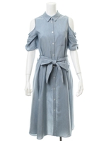 リボン付きシャツワンピース/サックスブルー