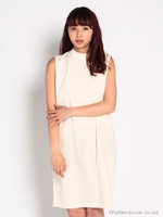 バックリボンハイネックストレートワンピ/ベージュ