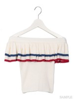 ラインオフショルニットトップス/ホワイト