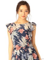 アースカラープリント袖フリルブラウス/ネイビー