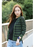 【AZUL by moussy】12G AN TTヤーン異ピッチボーダー長袖カーデ/柄BLK