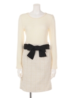 ウエストリボン付春ツィードドッキングワンピース/ホワイト