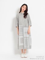 ストライプ×レーススカーフプリントワンピース/ネイビー