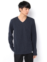 【AZUL by moussy】スラブWフェイス切りっぱVネック長袖プルオーバー/D/NVY