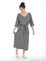 C/R Vネック&ラウンドヘム スリットワンピース/ブラック