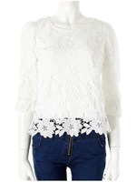 フラワーレース袖シフォントップス/ホワイト