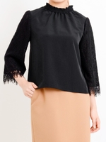 レース袖シャーリングネックブラウス/ブラック