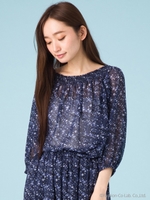 【Marie Hill】小花柄シフォンシャーリングブラウス/ネイビー