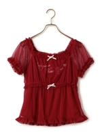 メッシュ重ねパフスリーブT/SH/ピンク