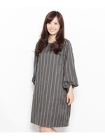 ストライプバルーン袖サックワンピース/ライトグレー(311)