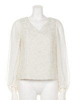 ラメモールジャガード袖シフォンＶネックプルオーバー/ネイビー