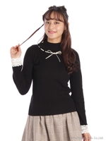 フリルリボンハイネックリブニット/ブラック