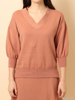 Vネックギャザースリーブニット/レンガ