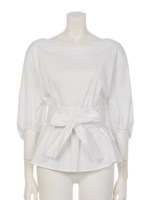 リボンベルト付ボリューム袖ブラウス(ホワイト)/ホワイト