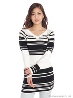 タイトボーダーVニット/ベージュ