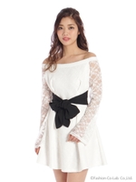 レース前リボンフレアワンピ/ブラック