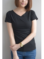 テレコオフショル半袖カットソー/ネイビー×オフ3(123)