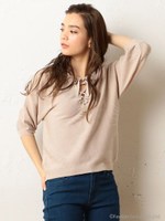 レースアップニットトップス/ネイビー