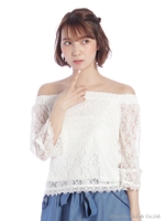 オフショルスクエア袖リボンBL/シロ