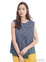 ダンガリー小花レースノースリーブブラウス/ネイビー