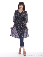 枯草花柄シャツガウン/クロ