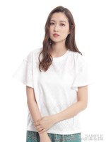 アイレットジャカード天竺袖フレアブラウス/ホワイト