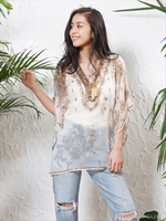 INDIAクレープレーヨン・ハンドプリント&刺繍カフタン/ピーコック