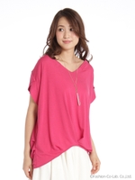 ネックレス付抜き衿裾タックカットソー/ピンク