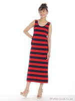 バックリボン付き配色ボーダーカットワンピ/レッド