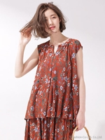 【GINGER 9月号掲載】フラワープリントギャザーブラウス/ブラウン