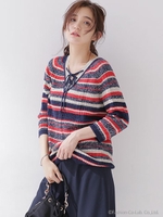 マルチボーダーレースアップニット/ネイビー