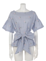 花刺繍リボントップス/ライトブルー(038)