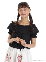 リボンウエストコットンフリルブラウス/ピンク