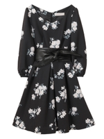 【ワンピース】オリジナル花柄プリントベルト付きワンピース/ボルドー