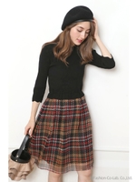 【9.12sweetコラボ】スカラリブニット×エアリーチェックドッキングワンピース/キャメル