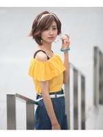 カット素材オフショルダートップス/マスタード