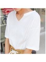 スキッパーコットンTシャツ/キャメル