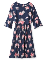 ローズプリントプリーツワンピ/ネイビー