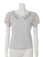 刺繍ハートネック袖シフォンテレコカットソープルオーバー/ライトグレー