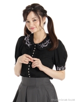 ローズ刺繍配色ブラウス/クロ