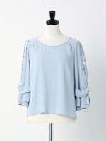 袖リボン部分レースブラウス/青系