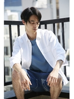 【AZUL by moussy】麻レーヨンストレッチ7分袖シャツ/WHT