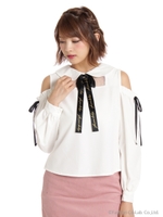 メッセージプリント リボン肩あきプルオーバー/オフホワイト